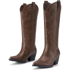 Women Cowgirl Boot Embroidered Knee-High Western Boots Pointy Toe Bronze